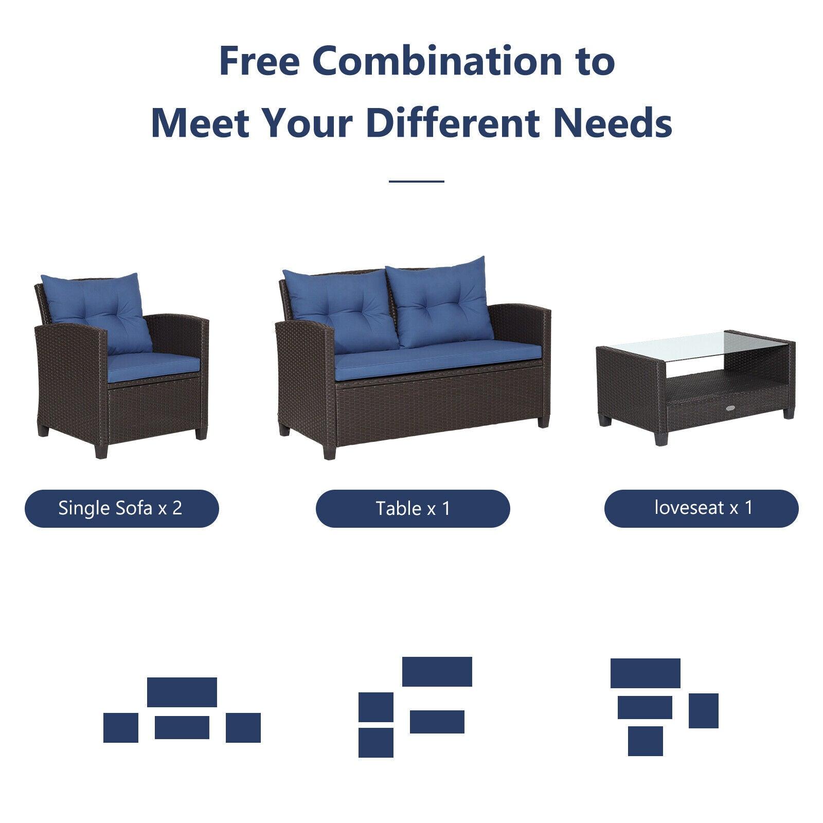 4 Pieces Patio Rattan Furniture Set with Tempered Glass Coffee Table-Navy at Set Shop and Smile