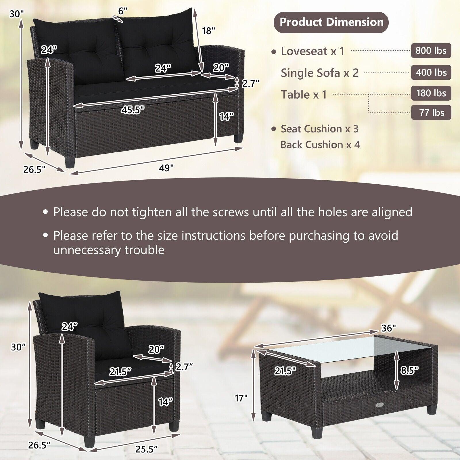 4 Pieces Patio Rattan Furniture Set with Tempered Glass Coffee Table-Black at Set Shop and Smile