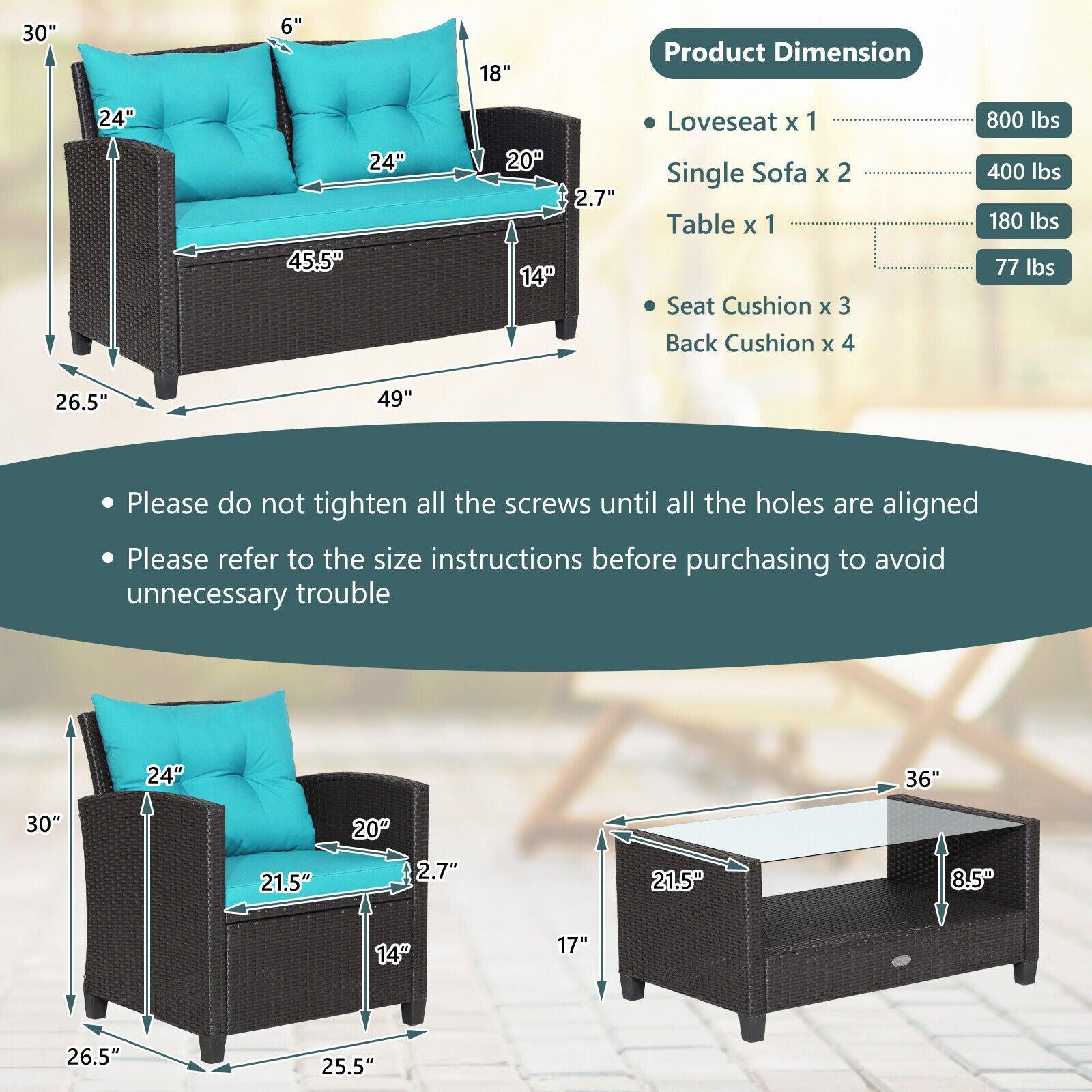4 Pieces Patio Rattan Furniture Set with Tempered Glass Coffee Table-Turquoise at Set Shop and Smile