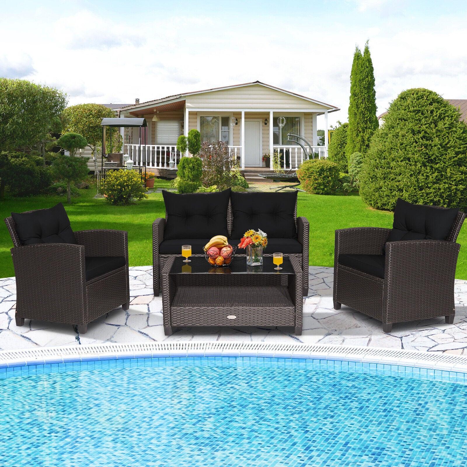 4 Pieces Patio Rattan Furniture Set with Tempered Glass Coffee Table-Black at Set Shop and Smile