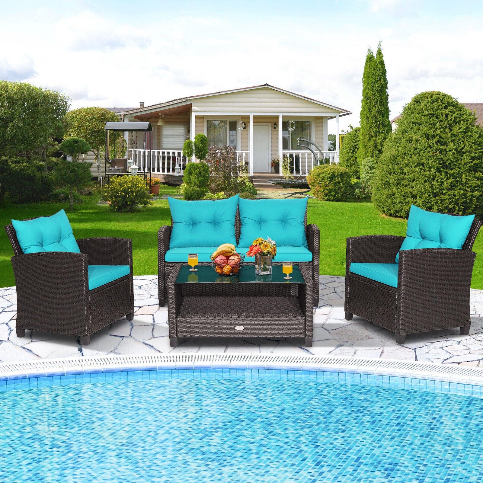 4 Pieces Patio Rattan Furniture Set with Tempered Glass Coffee Table-Turquoise at Set Shop and Smile