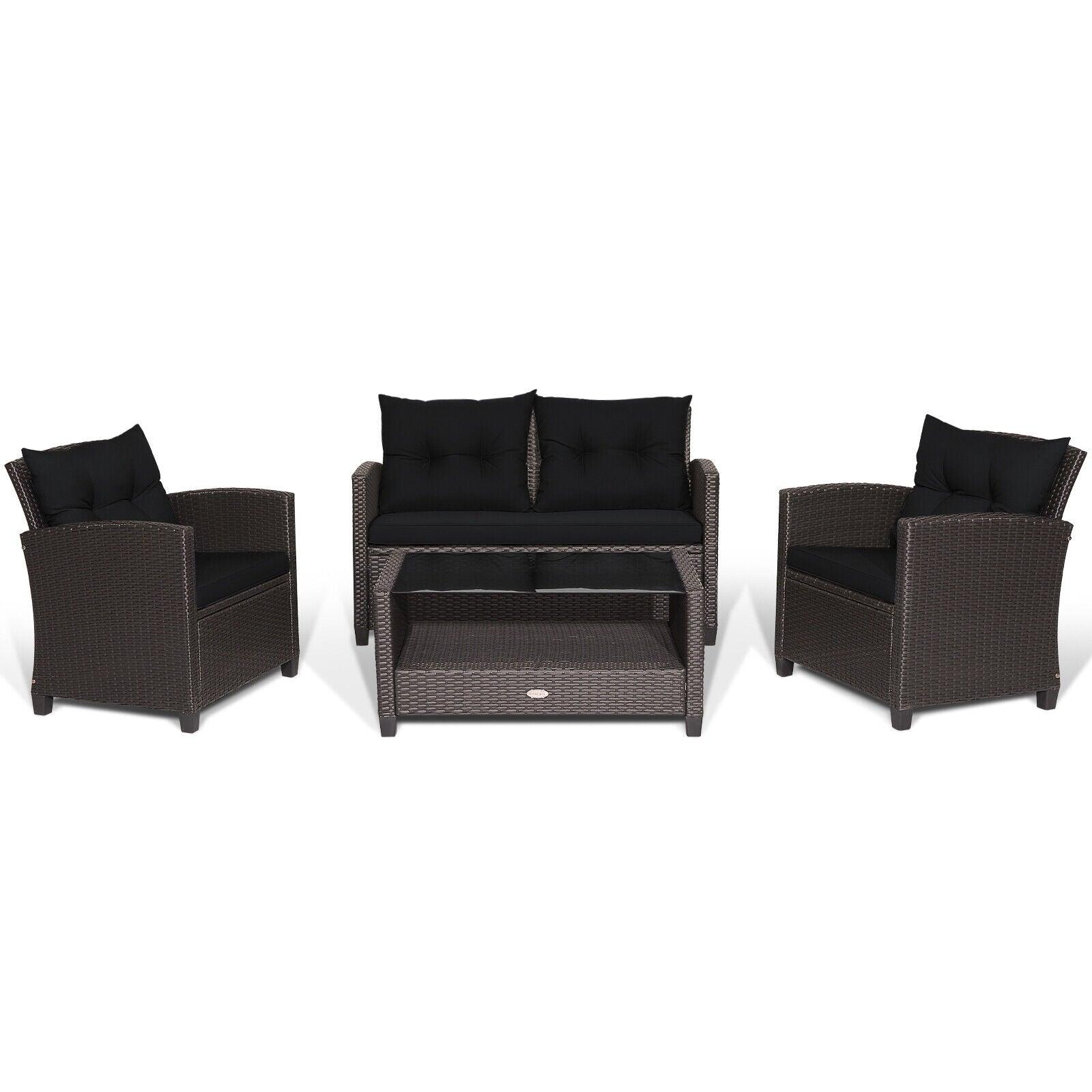 4 Pieces Patio Rattan Furniture Set with Tempered Glass Coffee Table-Black at Set Shop and Smile