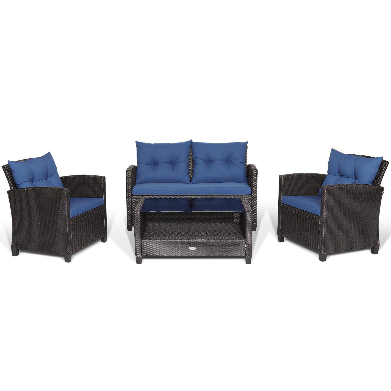4 Pieces Patio Rattan Furniture Set with Tempered Glass Coffee Table-Navy at Set Shop and Smile