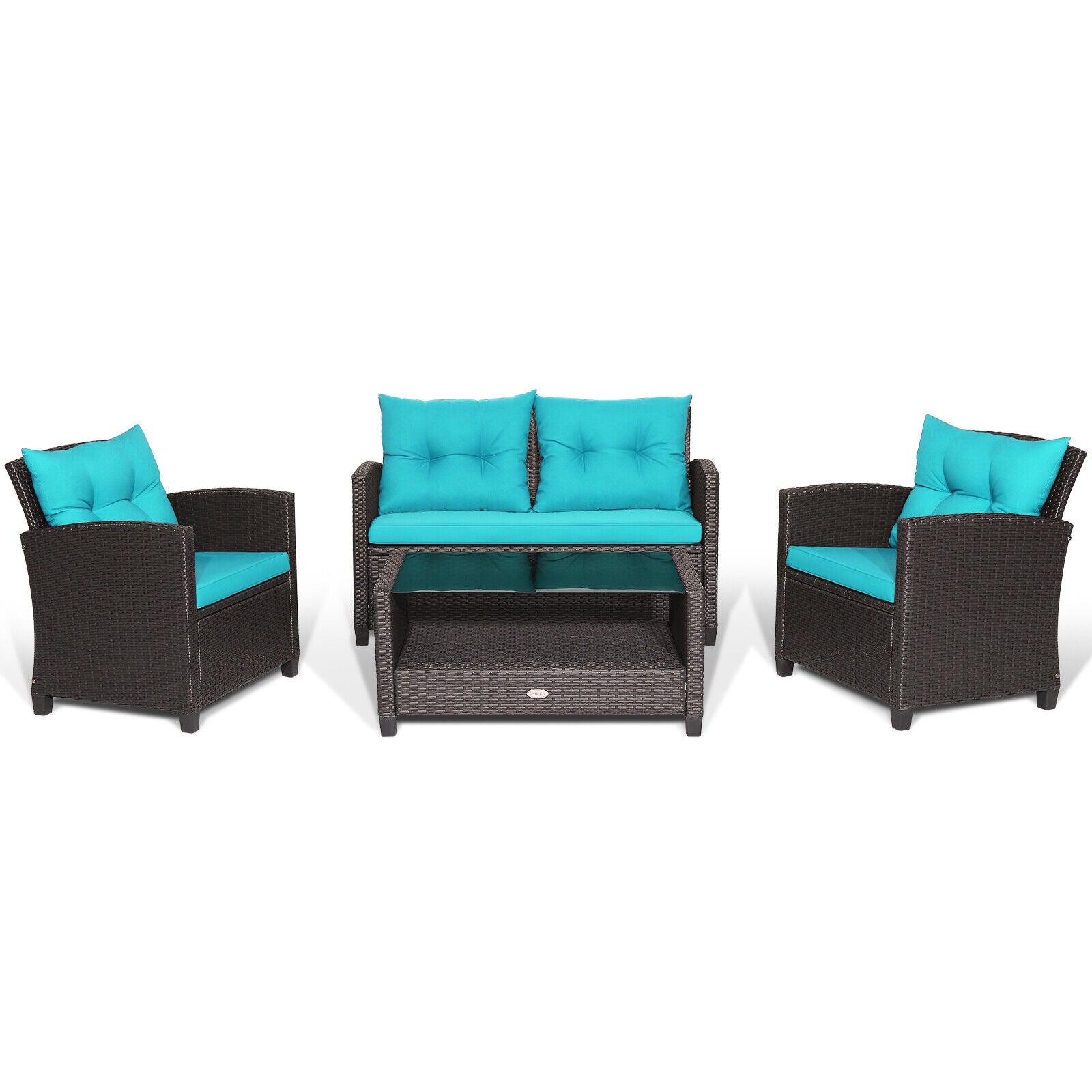 4 Pieces Patio Rattan Furniture Set with Tempered Glass Coffee Table-Turquoise at Set Shop and Smile