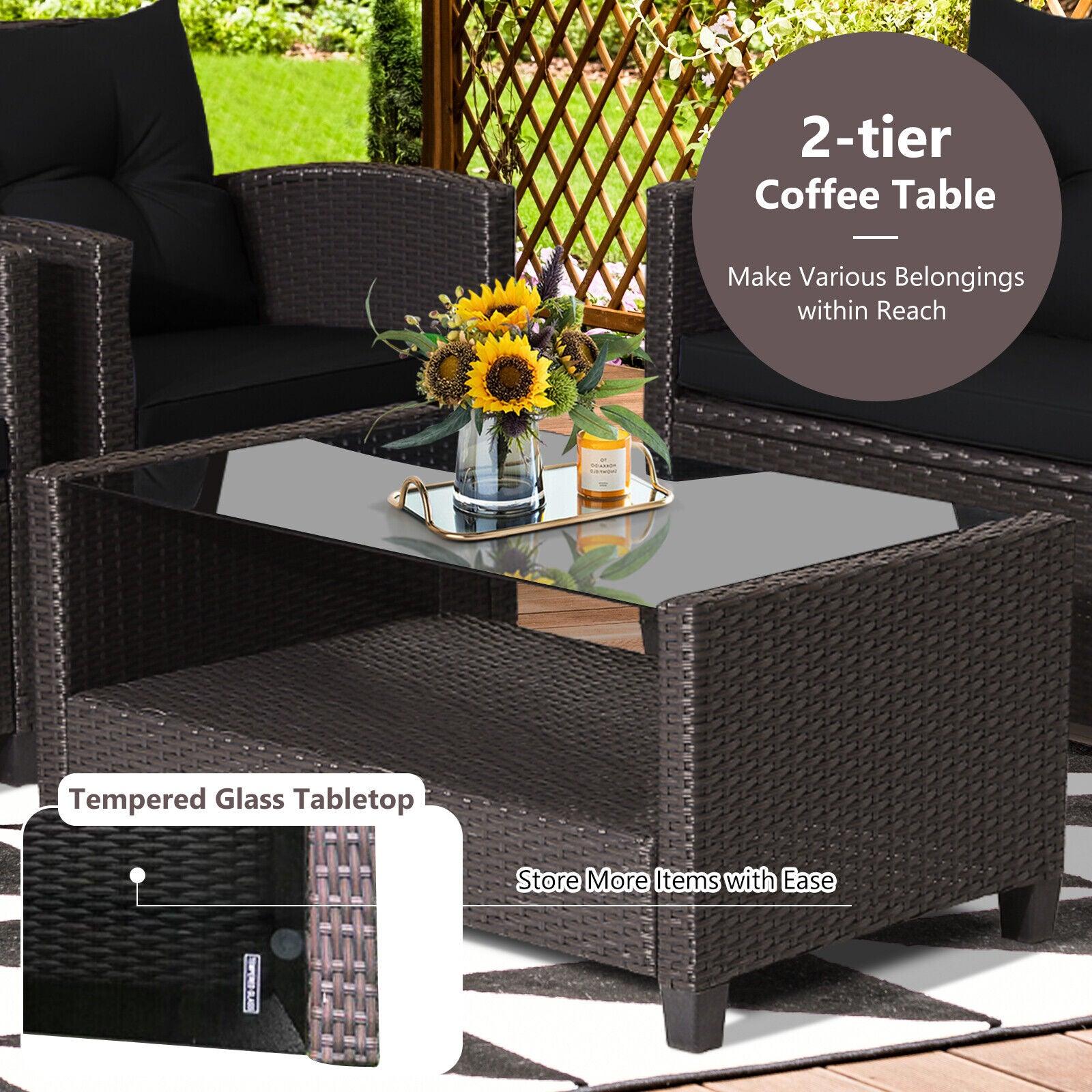 4 Pieces Patio Rattan Furniture Set with Tempered Glass Coffee Table-Black at Set Shop and Smile