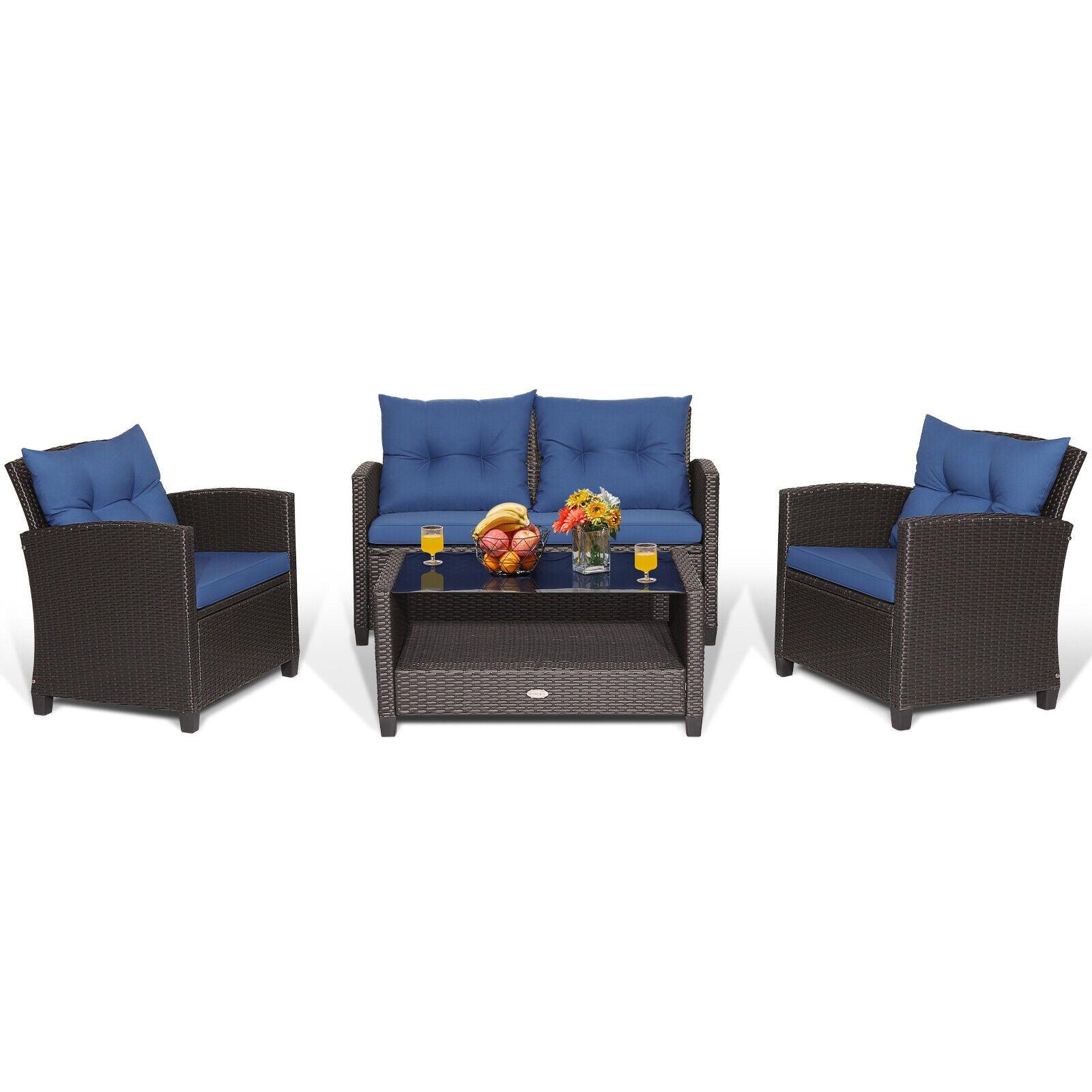 4 Pieces Patio Rattan Furniture Set with Tempered Glass Coffee Table-Navy at Set Shop and Smile