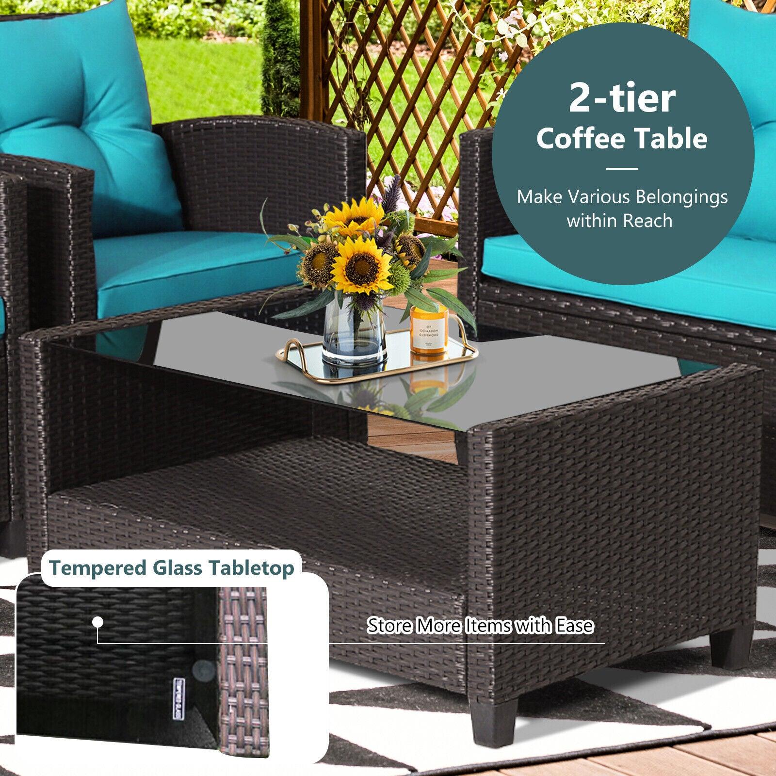 4 Pieces Patio Rattan Furniture Set with Tempered Glass Coffee Table-Turquoise at Set Shop and Smile