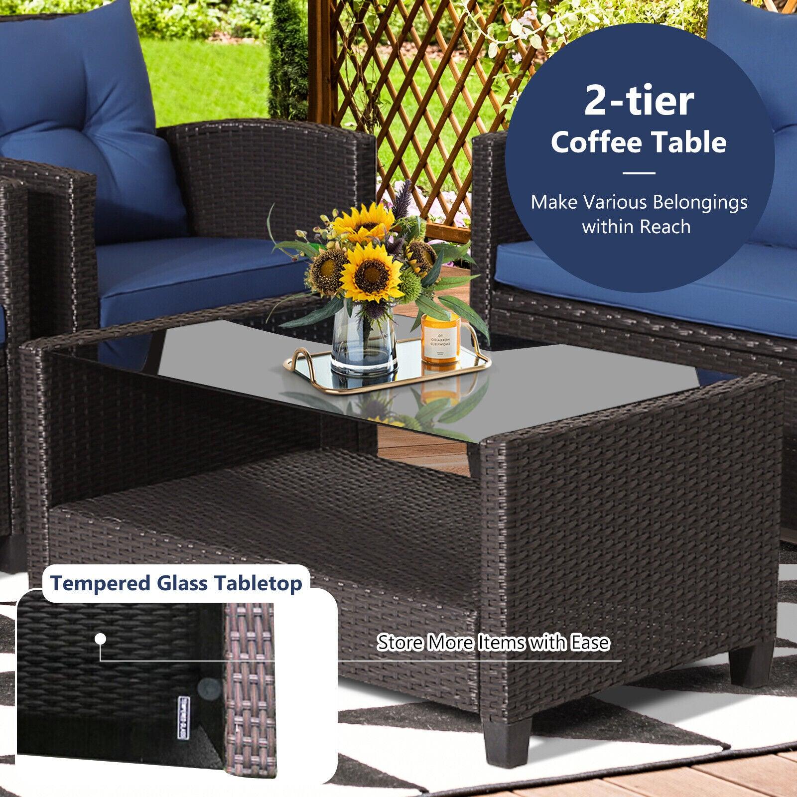 4 Pieces Patio Rattan Furniture Set with Tempered Glass Coffee Table-Navy at Set Shop and Smile