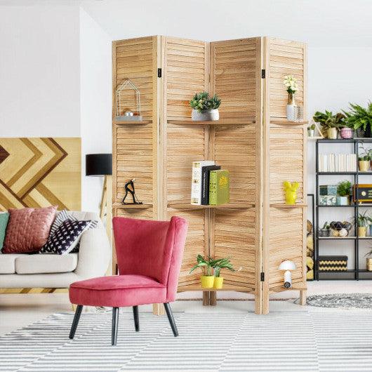 4 Panel Folding Room Divider Screen with 3 Display Shelves-Brown at Set Shop and Smile