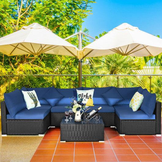7-Piece Outdoor Sectional Wicker Patio Sofa Set with Tempered Glass Top-Navy at Set Shop and Smile