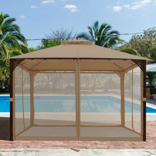 12 x 10 Feet Outdoor Double Top Patio Gazebo with Netting-Brown at Set Shop and Smile