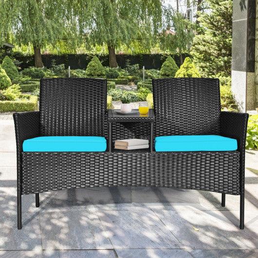 Wicker Patio Conversation Furniture Set with Removable Cushions and Table-Turquoise at Set Shop and Smile