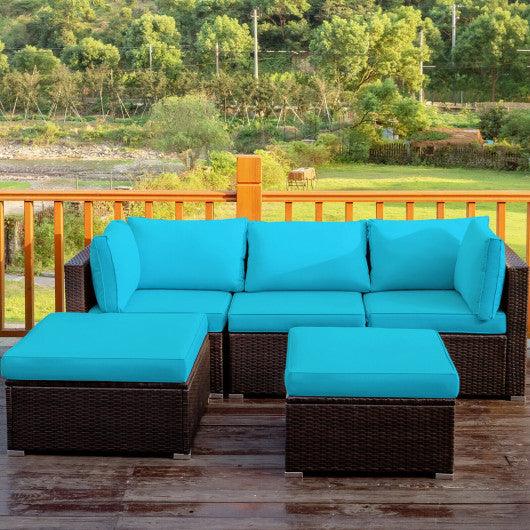 5 Pieces Patio Rattan Sectional Conversation Ottoman Furniture Set-Blue at Set Shop and Smile