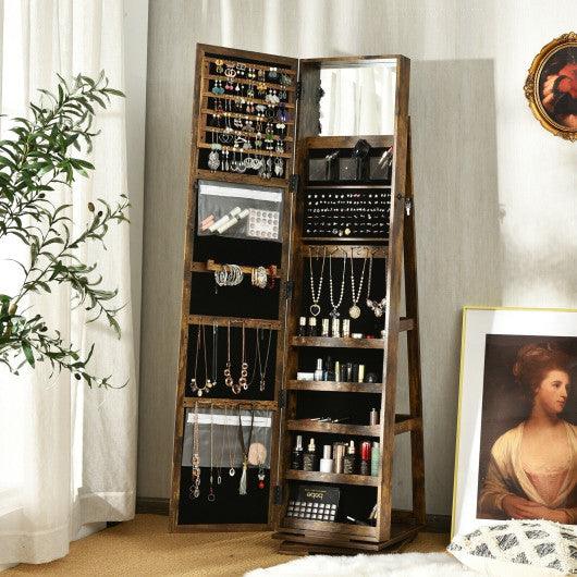 360° Rotatable 2-in-1 Lockable Jewelry Cabinet with Full-Length Mirror-Rustic Brown at Set Shop and Smile