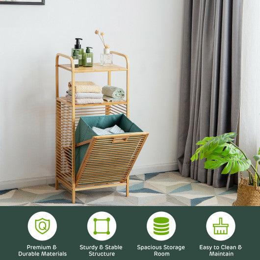 Tilt-out Bamboo Laundry Hamper with 2-Tier Shelf and Removable Liner-Natural at Set Shop and Smile