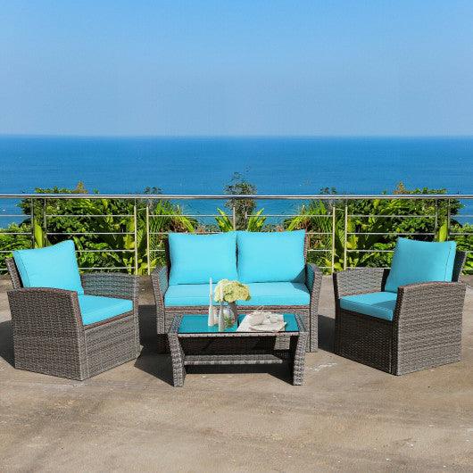 4 Pieces Patio Rattan Furniture Set Sofa Table with Storage Shelf Cushion-Turquoise at Set Shop and Smile