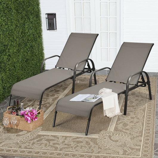 2 Pcs Outdoor Patio Lounge Chair Chaise Fabric with Adjustable Reclining Armrest-Brown at Set Shop and Smile