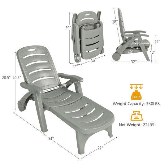 5 Position Adjustable Folding Lounger Chaise Chair on Wheels-Gray at Set Shop and Smile