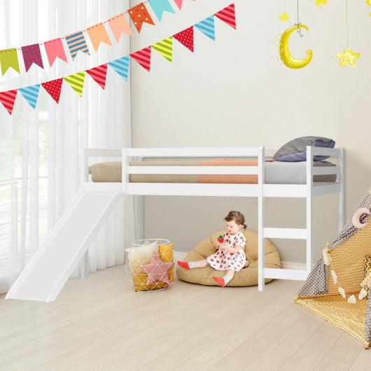 Twin Size Low Sturdy Loft Bed with Slide Wood-White at Set Shop and Smile