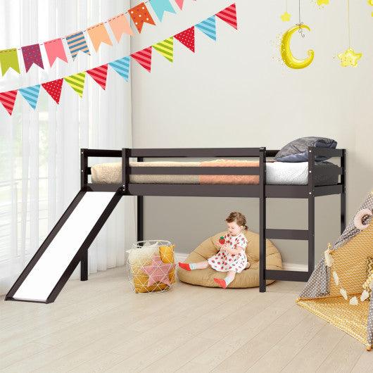 Twin Size Low Sturdy Loft Bed with Slide Wood-Dark Brown at Set Shop and Smile