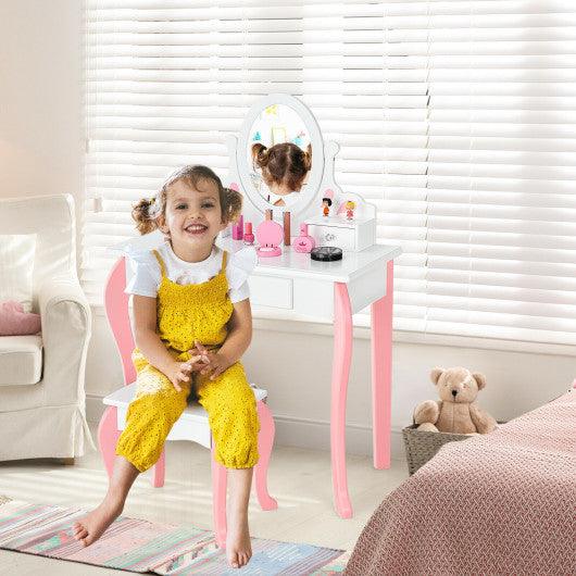 Kids Vanity Princess Makeup Dressing Table Stool Set with Mirror and Drawer-White at Set Shop and Smile