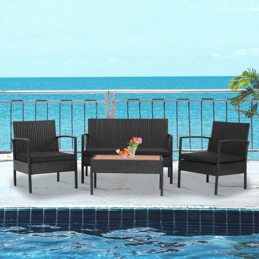 4 Pieces Patio Rattan Cushioned Furniture Set with Wooden Tabletop at Set Shop and Smile