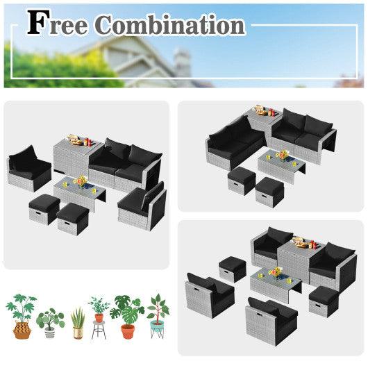 8 Pieces Patio Rattan Furniture Set with Storage Waterproof Cover and Cushion-Black at Set Shop and Smile