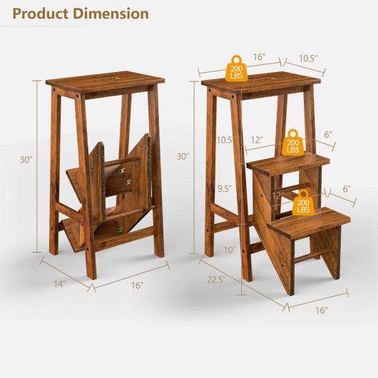 3-in-1 Rubber Wood 3 Tier Folding Step Stool Ladder Storage Shelf-Coffee at Set Shop and Smile