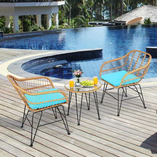 3 Pieces Rattan Furniture Set with Cushioned Chair Table-Turquoise at Set Shop and Smile