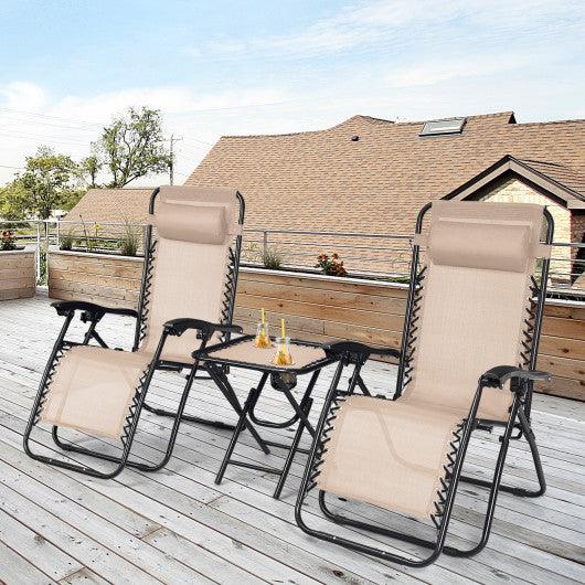 3 Pieces Folding Portable Zero Gravity Reclining Lounge Chairs Table Set-Beige at Set Shop and Smile