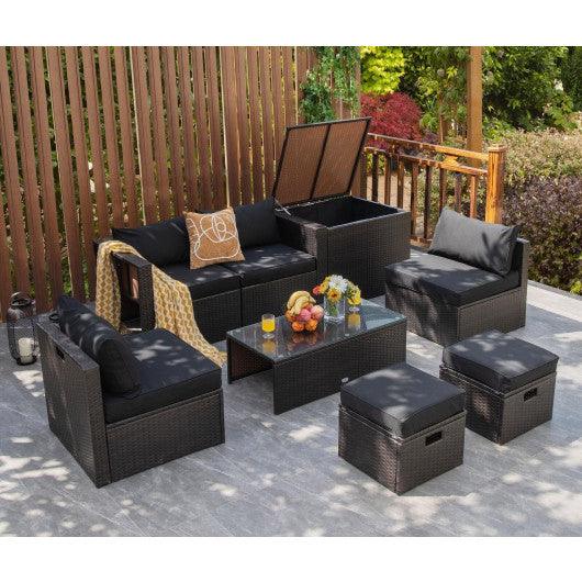 8 Pieces Patio Space-Saving Rattan Furniture Set with Storage Box and Waterproof Cover-Black at Set Shop and Smile