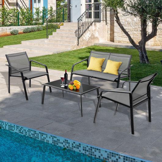 4 Pieces Patio Furniture Set with Armrest Loveseat Sofas and Glass Table Deck-Gray at Set Shop and Smile