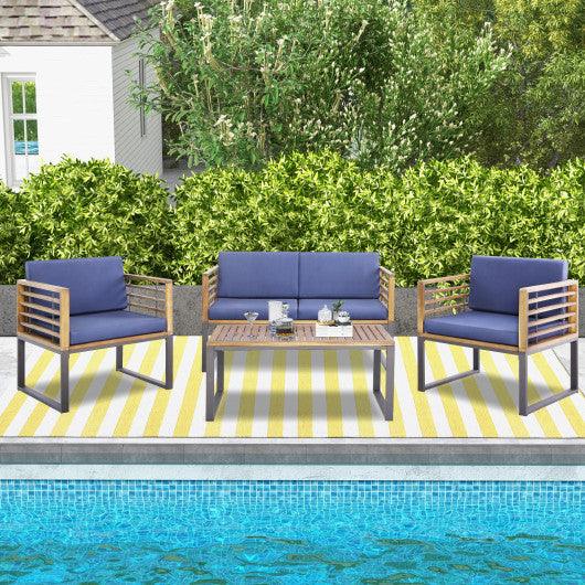4 Piece Patio Acacia Wood Conversation Set with Soft Seat-Navy at Set Shop and Smile