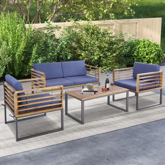 4 Piece Patio Acacia Wood Conversation Set with Soft Seat-Navy at Set Shop and Smile