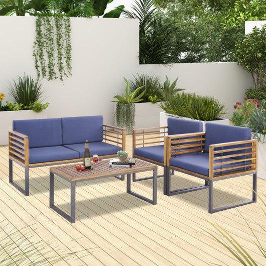 4 Piece Patio Acacia Wood Conversation Set with Soft Seat-Navy at Set Shop and Smile