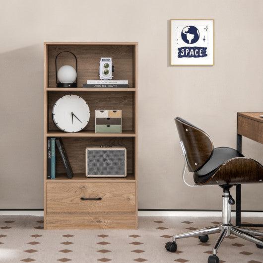 4-Tier Storage Bookcase with Open Shelves Drawer and Anti-toppling Device-Natural at Set Shop and Smile