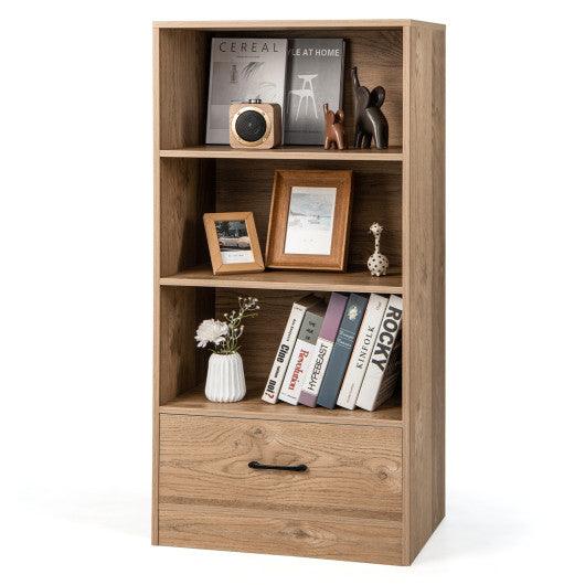4-Tier Storage Bookcase with Open Shelves Drawer and Anti-toppling Device-Natural at Set Shop and Smile