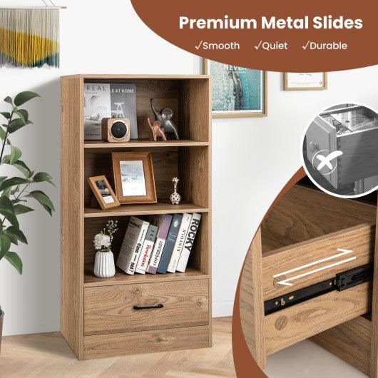 4-Tier Storage Bookcase with Open Shelves Drawer and Anti-toppling Device-Natural at Set Shop and Smile