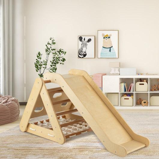 4 in 1 Triangle Climber Toy with Sliding Board and Climbing Net-Natural at Set Shop and Smile