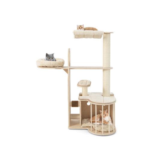 55 Inch Tall Multi-Level Cat Tree with Washable Removable Cushions-Natural at Set Shop and Smile
