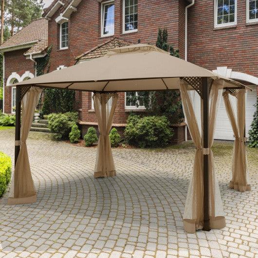 12 x 10 Feet Outdoor Double Top Patio Gazebo with Netting-Brown at Set Shop and Smile