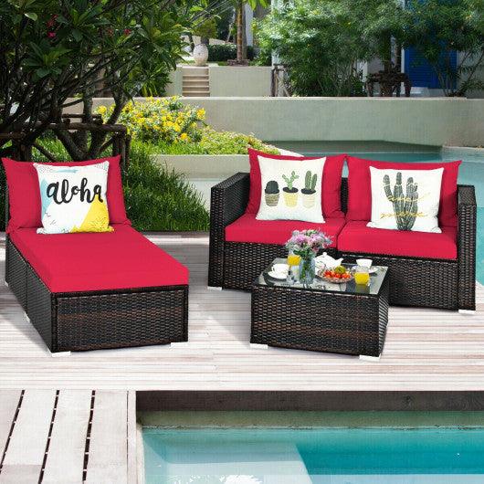 5 Pieces Patio Rattan Sectional Furniture Set with Cushions and Coffee Table-Red at Set Shop and Smile