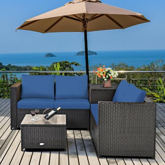 4 Pieces Outdoor Patio Rattan Furniture Set with Cushioned Loveseat and Storage Box-Navy at Set Shop and Smile