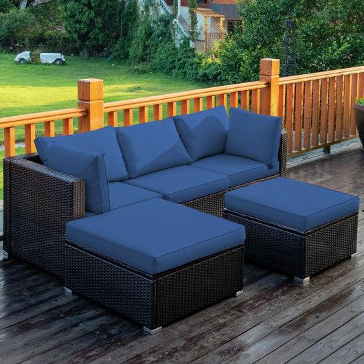5 Pieces Patio Rattan Sofa Set with Cushion and Ottoman-Navy at Set Shop and Smile