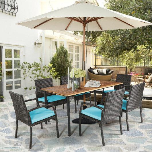 7Pcs Patio Rattan Cushioned Dining Set with Umbrella Hole-Turquoise at Set Shop and Smile
