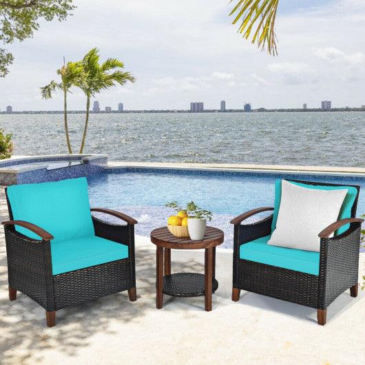 3 Pieces Patio Rattan Furniture Set with Washable Cushion and Acacia Wood Tabletop-Turquoise at Set Shop and Smile