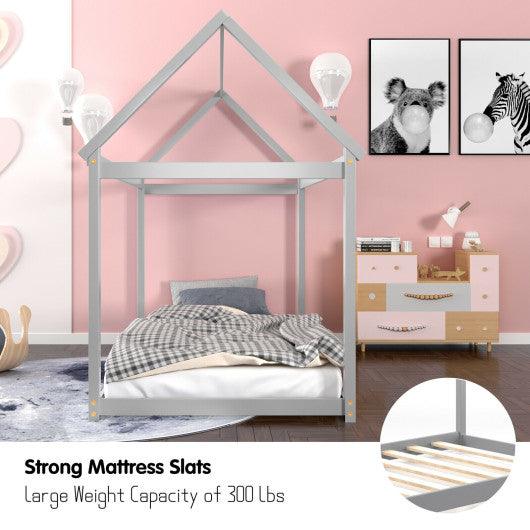Stable Kids Platform Floor Bed with Roof ang Heavy-Duty Slats-Gray at Set Shop and Smile