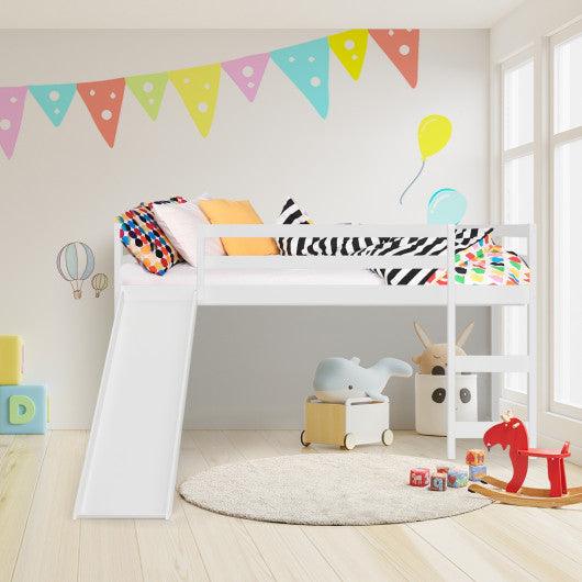 Twin Size Low Sturdy Loft Bed with Slide Wood-White at Set Shop and Smile