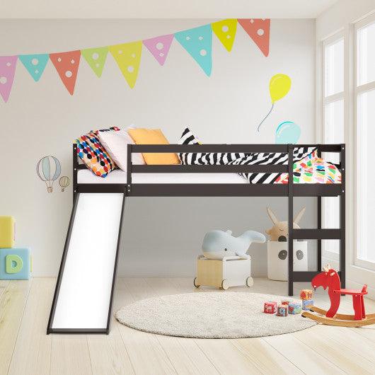 Twin Size Low Sturdy Loft Bed with Slide Wood-Dark Brown at Set Shop and Smile