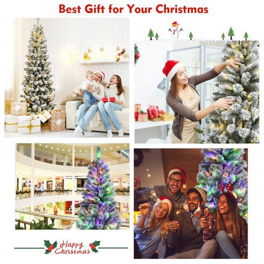 8 Feet Pre-Lit Hinged Snow Flocked Christmas Tree with Remote Control at Set Shop and Smile